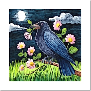 watercolor floral crow out at night Posters and Art